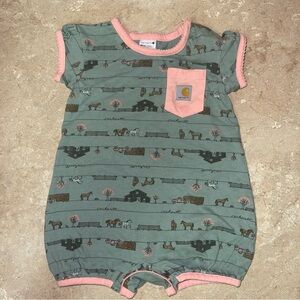 Carhartt Short-Sleeve Horse Farm Print Romper in Pink & Green Baby Girl 9 Months